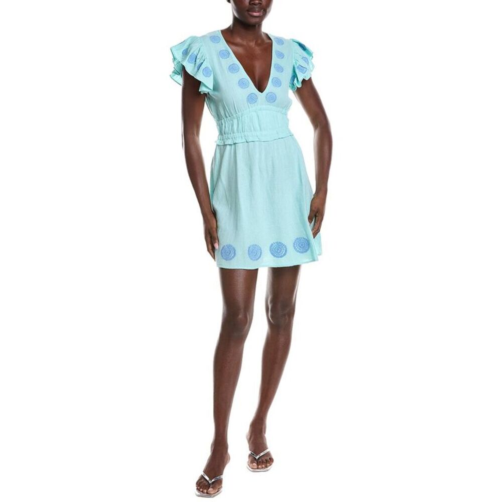 Sail To Sable Womens  V-Neck Flutter Sleeve Linen-Blend Mini Dress, Green